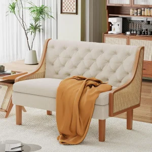 Loveseat Settee Bench with Natural Rattan Arms